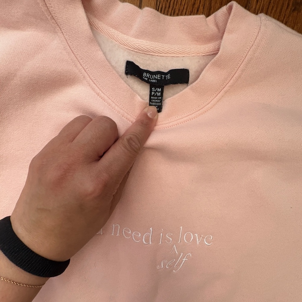 “All You Need is Self-Love” Pale Pink S/M Brunette Crew Neck Sweater